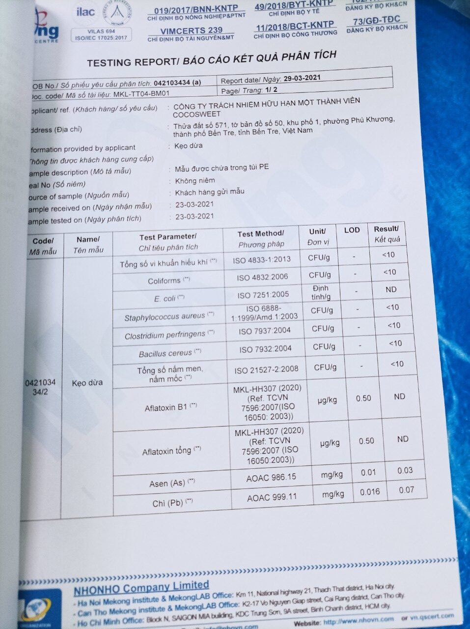 KẸO DỪA TRUYỀN THỐNG T3 Kết quả kiểm nghiệm kẹo dừa truyền thống